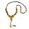 Long Dusty Yellow/ Brown Ceramic Bead Tassel Cord Necklace - 60cm to 80cm Long (Adjustable)