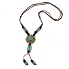 Light Blue/ Brown Ceramic Bead Tassel Necklace with Brown Cotton Cords - 60cm L - 80cm L (adjustable)/ 13cm Tassel