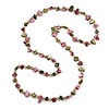Long Olive/ Plum Shell/ Transparent Glass Crystal Bead Necklace - 110cm L