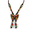Bronze Tone, Multicoloured Ceramic Bead Butterfly Pendant with Brown Silk Cord Necklace - 76cm L/ 7cm Tassel