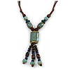 Dusty Light Blue Ceramic, Brown Wood Bead with Silk Cords Necklace - 56cm to 80cm Long/ Adjustable