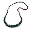 Teal Ceramic Bead Brown Silk Cords Necklace - Adjustable - 60cm to 70cm Long