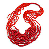 Statement Cherry Red Wood and Fire Red Glass Bead Multistrand Necklace - 78cm L