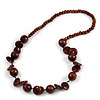 Brown Round and Button Wood Bead Long Necklace - 88cm L