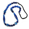 Statement Glass, Resin, Ceramic Bead Black Cord Necklace In Blue - 88cm L