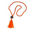 Long Orange Wood Bead Cotton Tassel Necklace - 90cm L/ 15cm Tassel