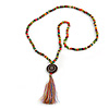 Long Multicoloured Wood Bead Cotton Tassel Necklace - 90cm L/ 15cm Tassel