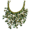 Green/ Olive Shell Nugget, Glass Bead Fringe Necklace - 42cm L/ 11cm Front Drop