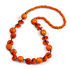 Orange Round and Button Wood Bead Long Necklace - 90cm L