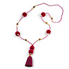 Fuchsia/ Purple Glass Bead, Pom Pom, Tassel Long Necklace - 88cm L/ 10cm Tassel