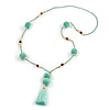 Mint Green Glass Bead, Pom Pom, Tassel Long Necklace - 88cm L/ 10cm Tassel