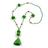 Spring Green Glass Bead, Pom Pom, Tassel Long Necklace - 88cm L/ 10cm Tassel