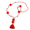 Scarlet Red Glass Bead, Pom Pom, Tassel Long Necklace - 88cm L/ 10cm Tassel