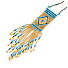Gold/ Blue Glass Bead Geometric Pattern Square Pendant with Long Cotton Cord - 80cm Long