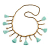 Long Natural Wood, Bronze Glass Bead with Mint Green Cotton Tassel Necklace - 100cm L