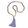 Long Wood, Glass, Seed Beaded Necklace with Silk Tassel (Nude, Purple, Lavender, Brown) - 80cm L/ 11cm Tasse