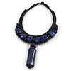 Statement Chunky Bone and Wood Bead with Black Rubber Cord Necklace In Dark Blue/ Violet - 48cm Long