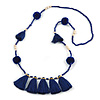 Boho Style Glass Beaded Pom Pom, Tassel Long Necklace In Dark Blue - 90cm L