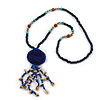 Dark Blue Wood, Glass, Sea Shell, Tree Seed Bead with Pom Pom Tassel Long Necklace - 80cm L/ 16cm Tassel