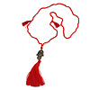 Red Crystal Bead Necklace with Bronze Tone Hamsa Hand Charm/ Silk Tassel Pendant - 80cm L/ 14cm Tassel