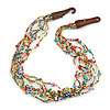 Ethnic Multistrand Multicoloured Glass Bead, Semiprecious Stone Necklace With Wood Hook Closure - 60cm L