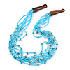 Ethnic Multistrand Light Blue Glass Bead, Semiprecious Stone Necklace With Wood Hook Closure - 60cm L