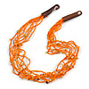Ethnic Multistrand Orange Glass Bead, Semiprecious Stone Necklace With Wood Hook Closure - 60cm L