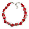 Exquisite Faux Pearl & Shell Composite Silver Tone Link Necklace In Red - 44cm L/ 7cm Ext