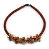 Brown Glass Bead with Shell Floral Motif Necklace - 48cm Long