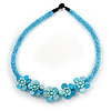 Light Blue Glass Bead with Shell Floral Motif Necklace - 48cm Long