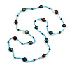 Statement Light Blue Glass Bead with Brown/ Teal Wood Ball Long Necklace - 145cm L