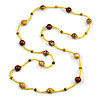 Statement Yellow Glass Bead with Brown Wood Ball Long Necklace - 145cm L