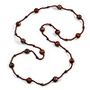 Statement Brown Glass Bead with Brown/ Black Wood Ball Long Necklace - 145cm L
