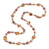 Long Glass and Shell Bead with Silver Tone Metal Wire Element Necklace In Peach Orange - 120cm