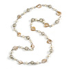 Long Glass and Shell Bead with Silver Tone Metal Wire Element Necklace In Cream/ Antique White - 120cm L