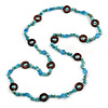 Long Turquoise Stone, Ceramic Bead, Brown Wood Ring Necklace - 102cm L