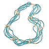 Multistrand Dusty Light Blue Glass Bead Cream Faux Pearl Long Necklace - 70cm L