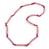Pale Pink Resin Bead, Deep Pink Semiprecious Stone Long Necklace - 86cm L