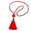 Red Glass Bead Cotton Tassel Necklace - 72cm L/ 14cm Tassel