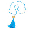 Light Blue Crystal Bead Necklace with Gold Tone Tree Of LIfe/ Silk Tassel Pendant - 84cm L/ 10cm Tassel