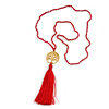 Red Crystal Bead Necklace with Gold Tone Tree Of LIfe/ Silk Tassel Pendant - 84cm L/ 10cm Tassel