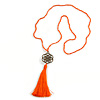 Orange Crystal Bead Necklace with Bronze Tone Seed Of Life Mandala/ Silk Tassel Pendant - 88cm L/ 10cm Tassel