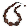 Statement Coin Shape Wood and Round Ceramic Bead Necklace In Brown - 46cm L