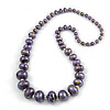Long Graduated Wooden Bead Colour Fusion Necklace (Purple/ Black/ Gold) - 76cm Long