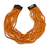 Dusty Orange/ Bright Orange Glass Bead Multistrand, Layered Necklace With Wooden Square Closure - 64cm L
