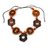 Brown/ Orange Wood Floral Motif Black Cord Necklace - 60cm L/ Adjustable