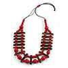 Cherry Red/ Brown Wood Bead Black Cotton Cord Necklace - 70cm L