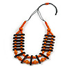 Orange/ Brown Wood Bead Black Cotton Cord Necklace - 70cm L
