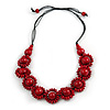 Cherry Red Wood Bead Floral Cotton Cord Necklace - Adjustable