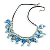 Light Blue/ Sea Blue Glass Bead, Sea Shell Nugget Black Cord Necklace - 50cm L/ 4cm Ext